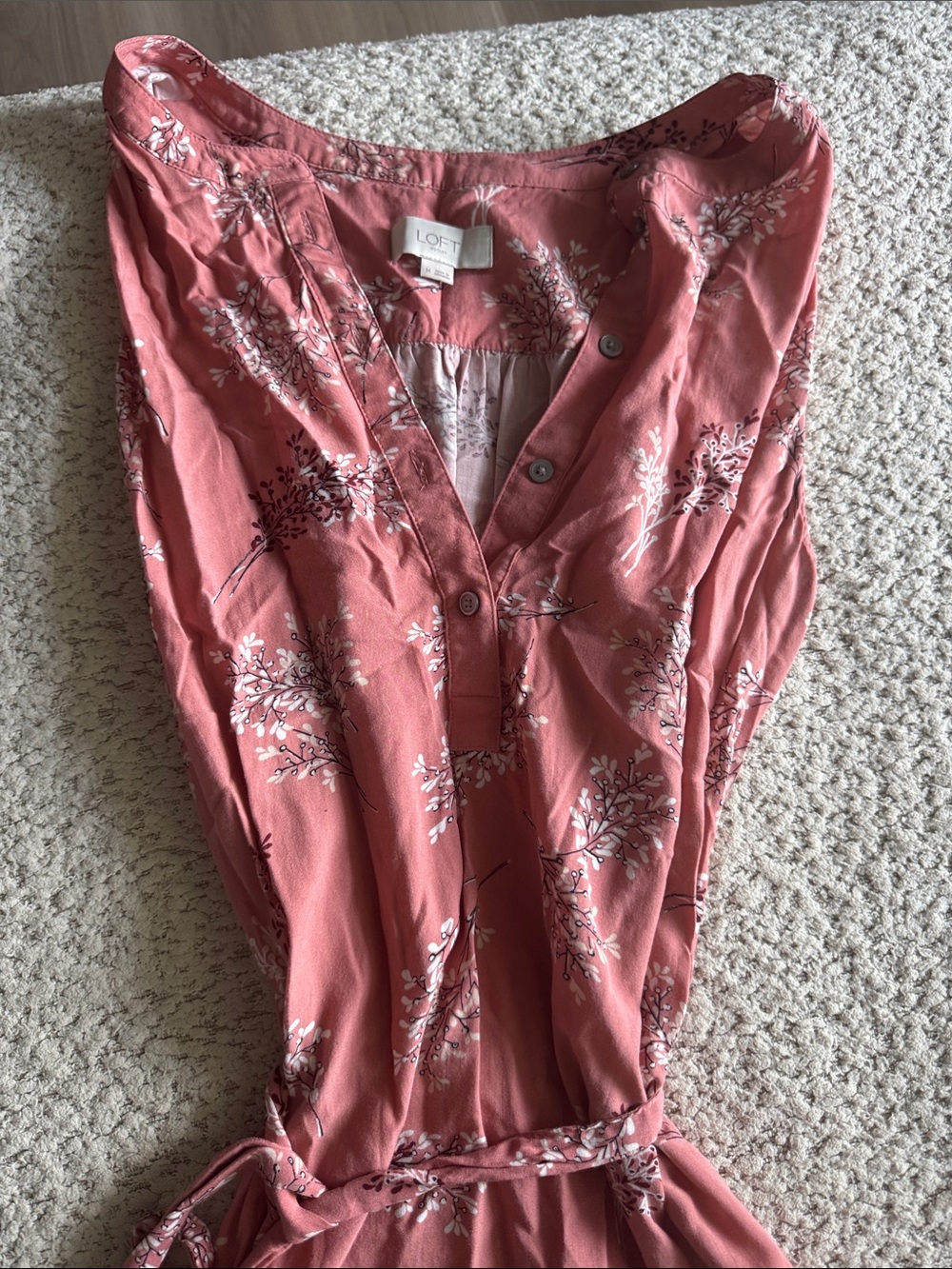 LOFT Dusty Coral Floral Midi Dress with Button Placket